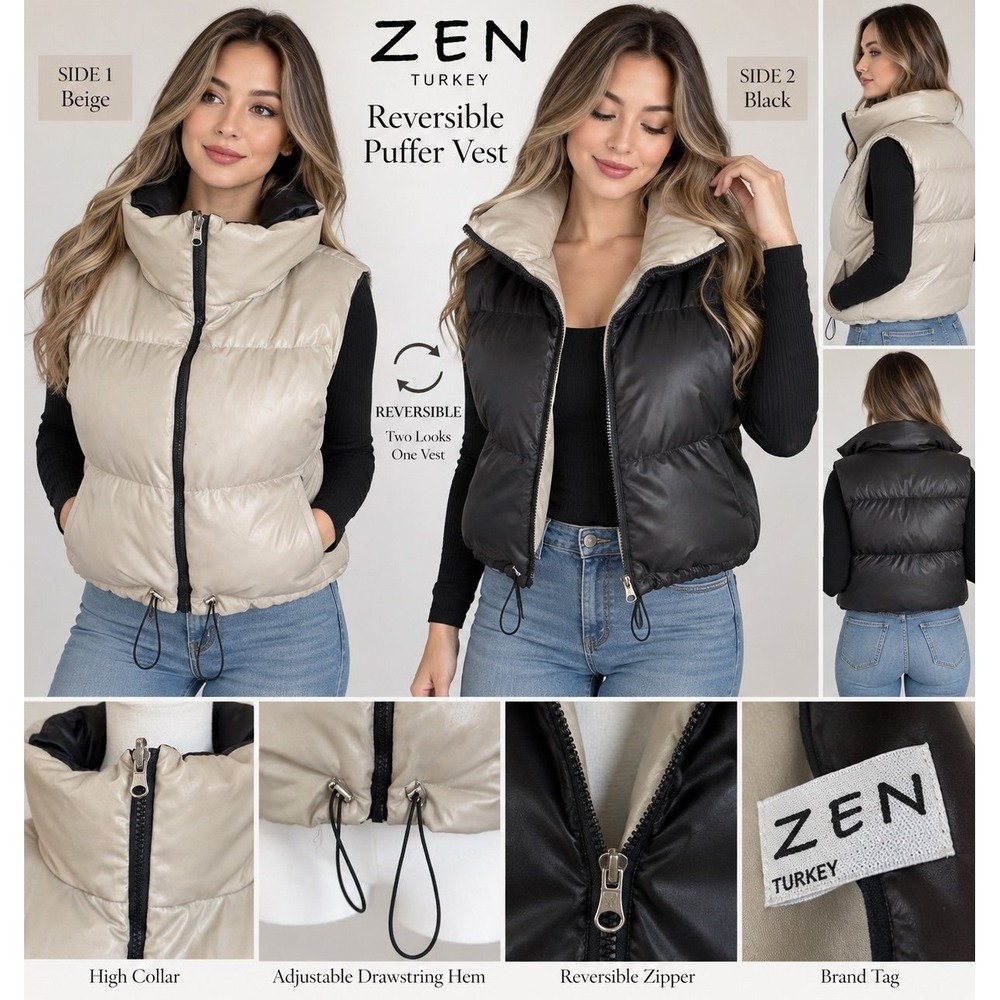 Zen Reversible Puffer Vest Beige Black High Collar Drawstring Hem Size Medium